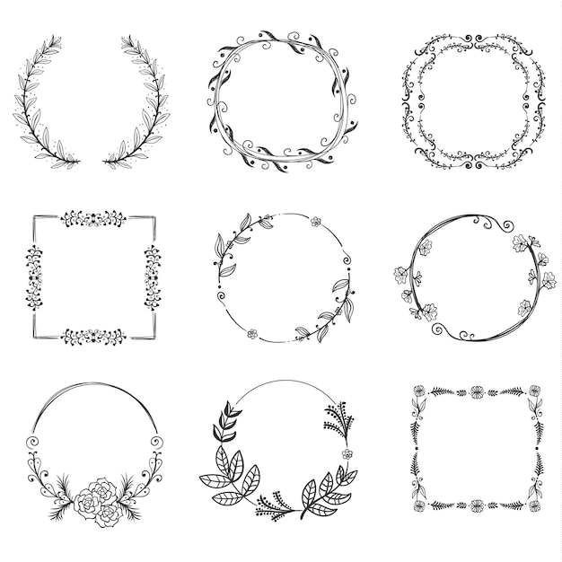 Set floral handgetekende frames, pictogrammen in doodle stijl op witte achtergrond