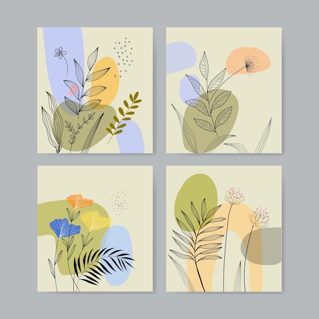 Vector set of floral leaves and flower abstract hand drawn nature design illustration for card poster