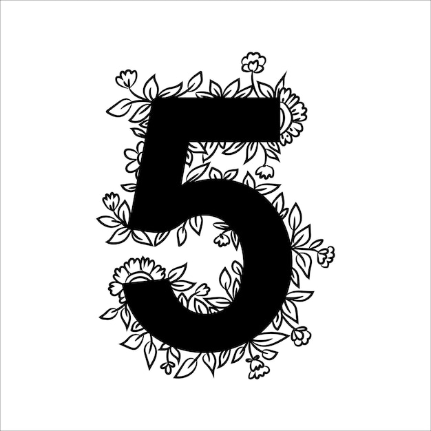 꽃 잎과 허브 세부 사항이 있는 꽃 번호 5 세트 스티커 스크랩북 생일 인사말 카드 포스터 웹에 대한 흑백 그래픽 디자인 요소