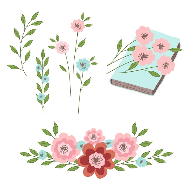 A set of floral ornaments flowers with leaves on a book Flat illustrations