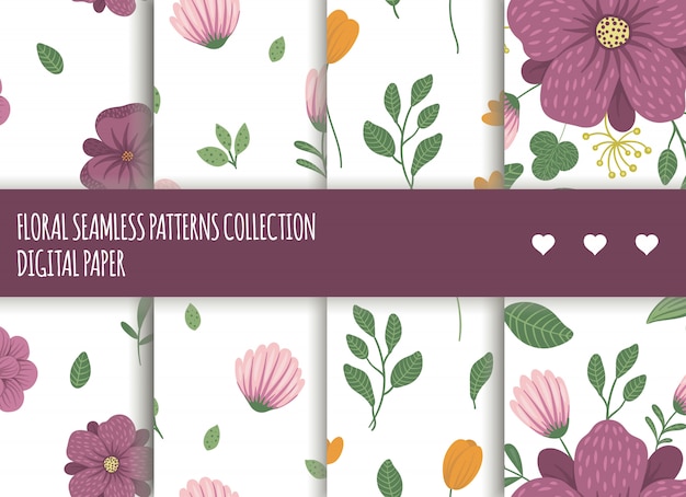 Set of floral seamless pattern. flat trendy illustration with flowers, leaves, branches.