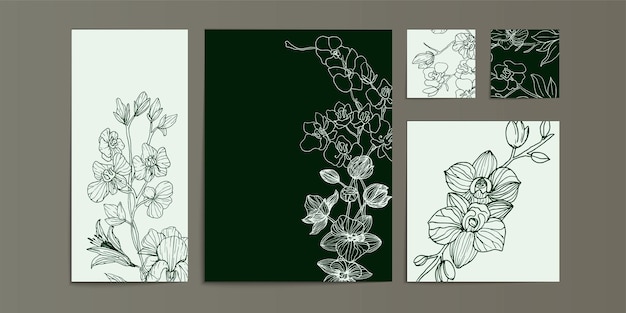 Set of floral wedding card lineart invitation templates