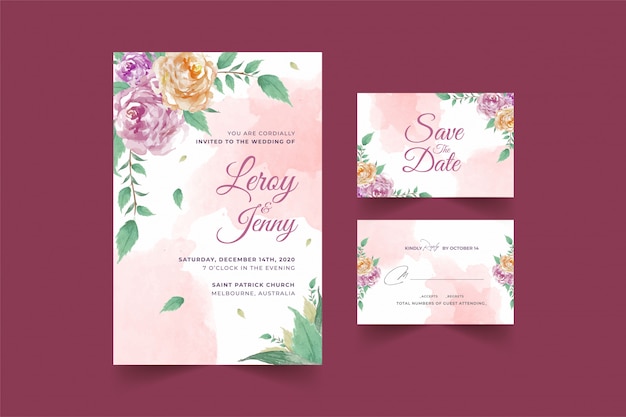 Insieme del modello floreale della carta dell'invito di nozze con il fiore rosa e il vettore premio delle foglie