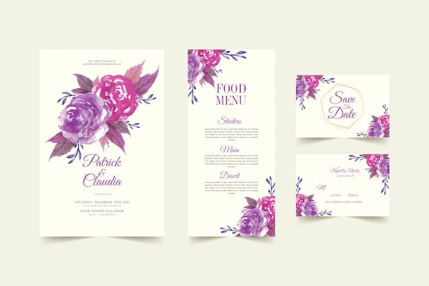 Insieme del modello floreale della carta dell'invito di nozze con il fiore rosa e il vettore premio delle foglie