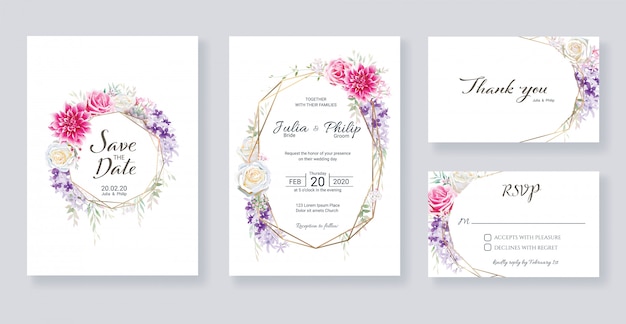 Set of floral Wedding Invitation card template.