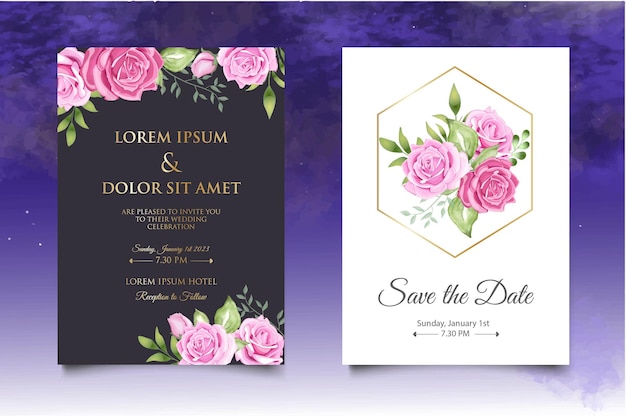 Set of floral wedding invitation template with beautiful flowers and leaves