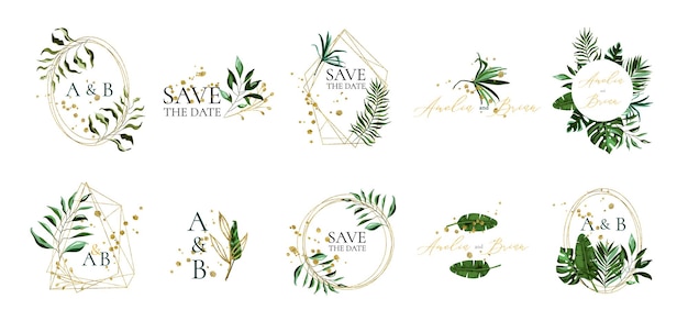 Set of floral wedding logos and monogram with elegant tropical leaves