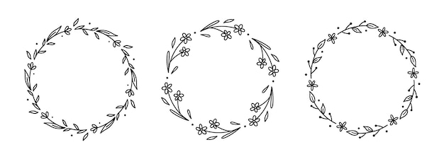 Set of floral wreathes isolated on white background Round frames with doodle flowers and leaves