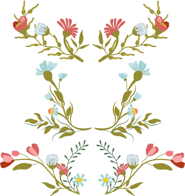 Set of floral wreaths, compositions with wildflowers. Botanical collection branches, flowers, herbs