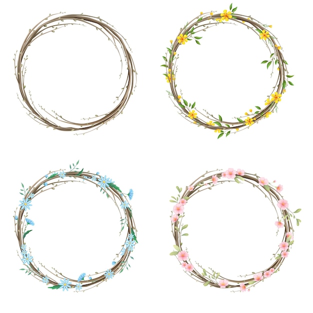 A set of floral wreaths with spring flowers