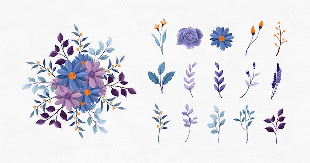 Набор цветочного сине-фиолетового и листового изолированного клипарта