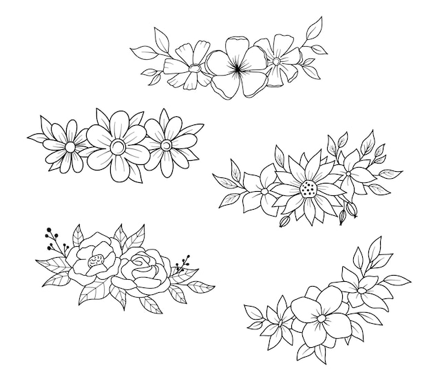 Vector set of flower border with flowers and leaves in outline style vector line wildflowers elegant floral bouquet hand drawn isolated on white