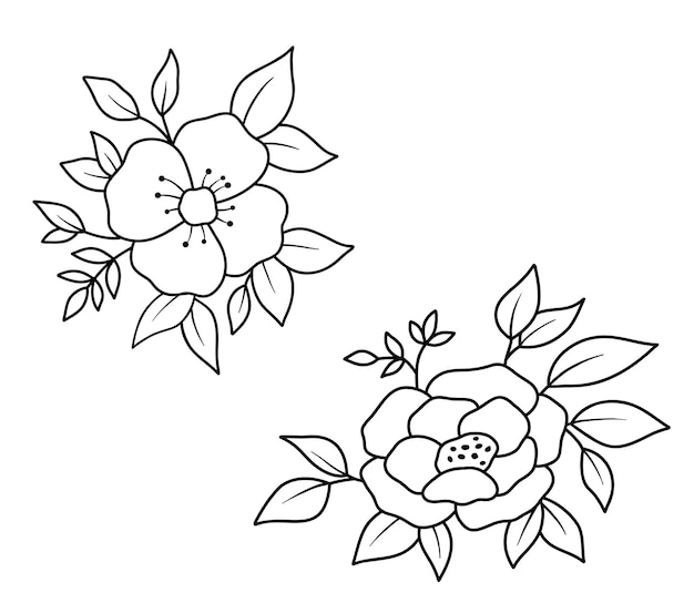 Set of Flower border with flowers and leaves in outline style Vector line wildflowers Elegant floral bouquet isolated on white