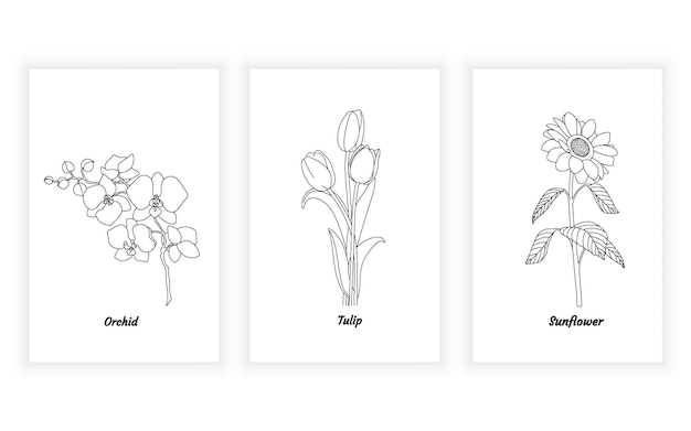 ロゴデザイン蘭チューリップヒマワリの花と植物のラインアートの連続線のセット