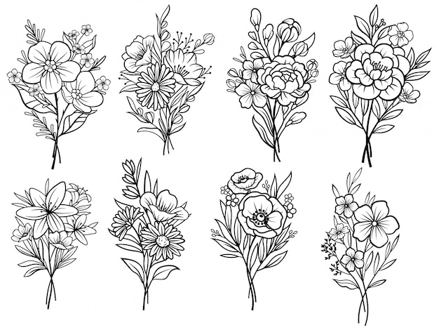 Set Of Flower Bouquets. Floral Ekibana. Illustration On A White Background.