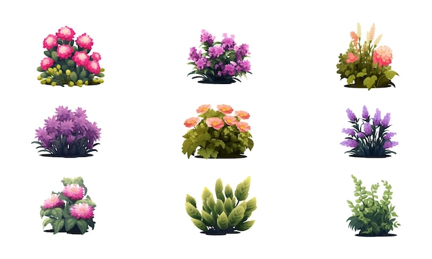 Vector set of flower bushes on a white background generative ai