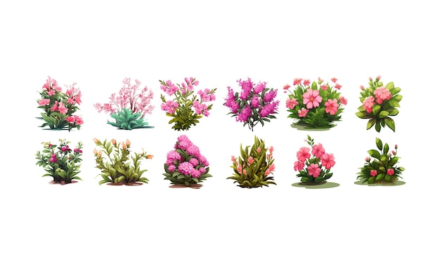 Vector set of flower bushes on a white background generative ai