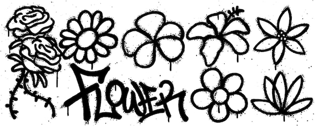 Vector set flower graffiti spray paint collection of rose daisy frangipani hibiscus lotus isolated vector