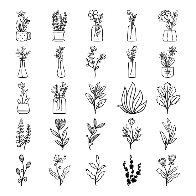 Набор цветов и листьев, нарисованных вручную вектором