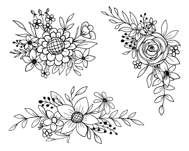 Vector set of flower and leaves line art collection