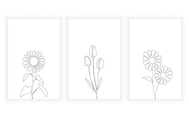 Vector set of flower line art and continuous line minimalist concept