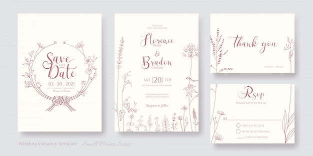 Set of Flower line art Invitation card, save the date, thank you, rsvp template.