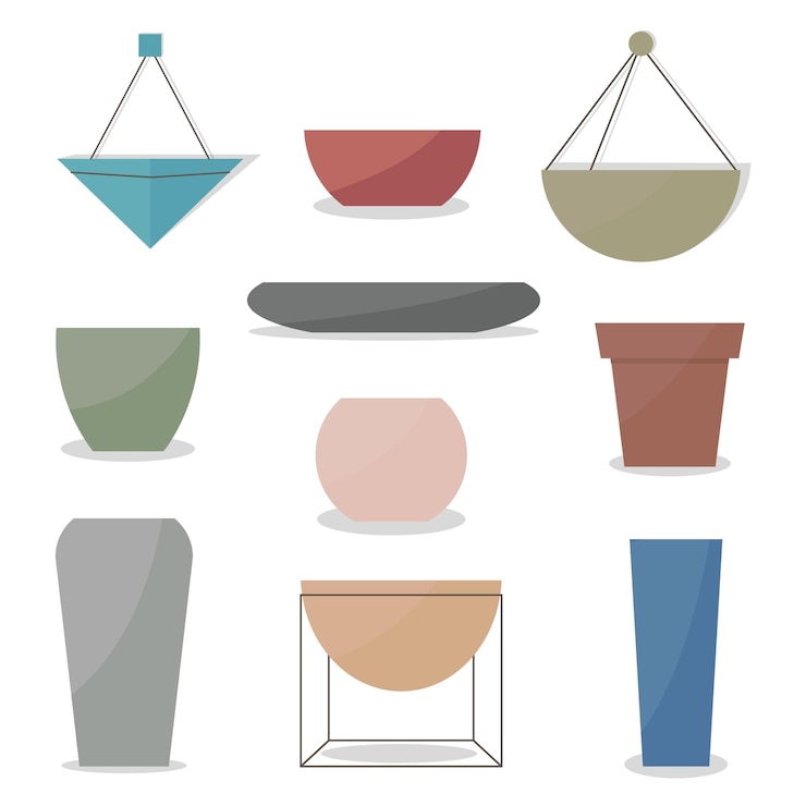 Vector a set of flower pots of different shapes and colors flower pots with a pattern for decorating the interior of a room or garden urban jungle