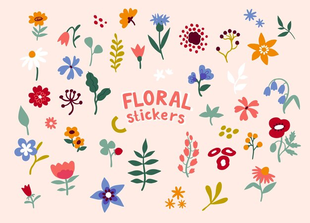 Vector set of flower stickers and geometric shapes botanical elements spring stickers with plants