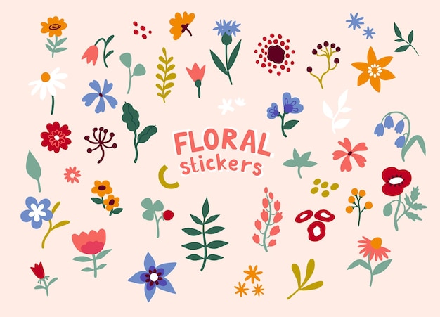 Vector set of flower stickers and geometric shapes botanical elements spring stickers with plants