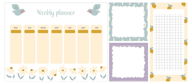 Vector set of flower weekly journals class schedule for children notes and todo list memo pages with fl