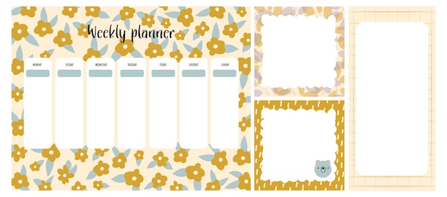 Vector set of flower weekly journals class schedule for children notes and todo list memo pages with fl