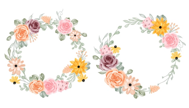 Set of flower wreath with rose and leaves