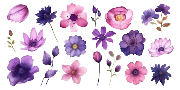 Vector a set of flowers assembled into a beautiful bouquet in watercolor style isolated on white background