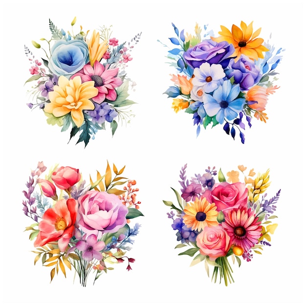 花の花束水彩絵の具のセット