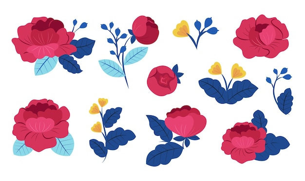 Vector set flowers designed with peonies and leaves