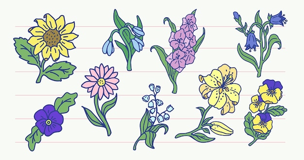 Set of flowers in doodle style. Hand drawn illustration.