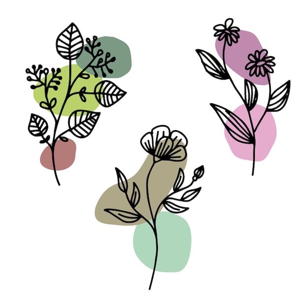 set of flowers and leaves line art