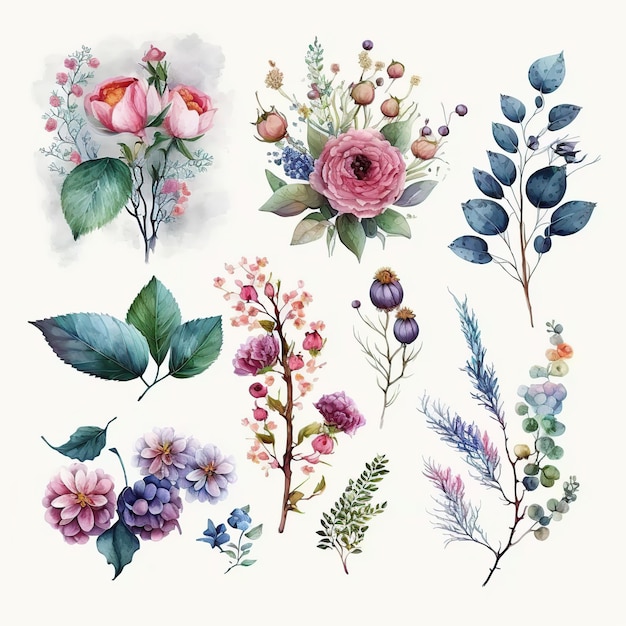 Набор цветов и листьев, нарисованных акварелью.