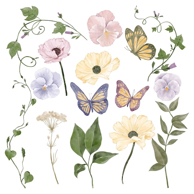 Vector set of flowers and leaves