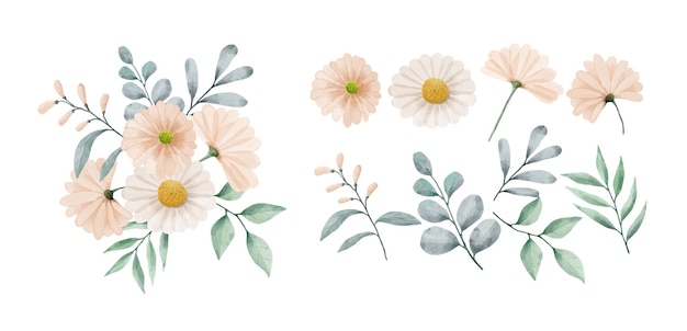 A set of flowers painted in watercolor