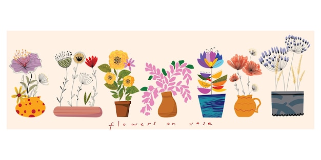 Set di fiori e piante in vasi con forme diverse illustrazione vettoriale