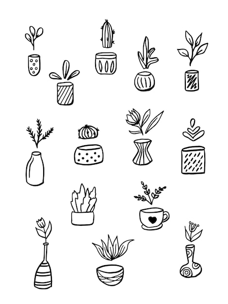 Set of Flowers in pots painted black line on a white background Vector drawing lines