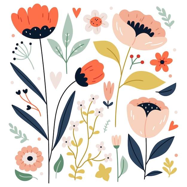 A set of flowers in the Scandinavian styleFlower collection with leaves floral bouquetsFolk style
