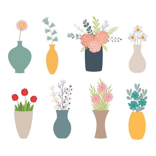 Vector set of flowers in vases on white