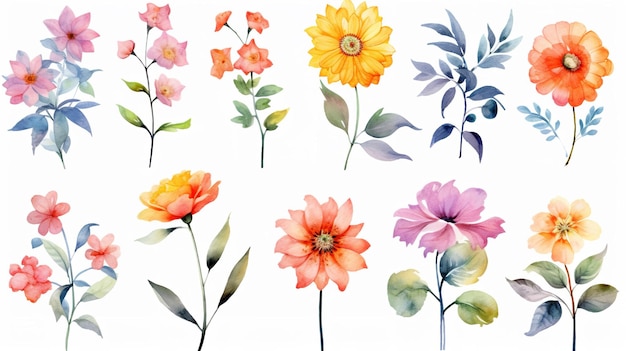 A set of flowers on a white background