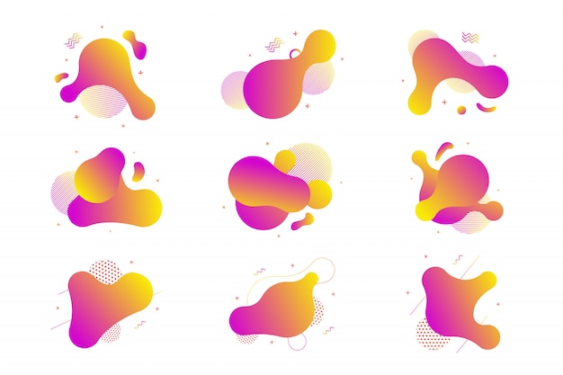 Vector set of fluid isolated abstract geometric violet and orange gradient shapes for modern