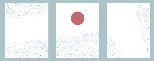 Set of fluid Japanese ocean wave vintage poster designs Abstract red rising sun landscape background