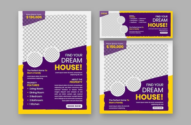 Set of flyer instagram post and facebook cover template for real estate