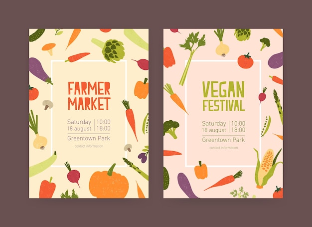 Vector set of flyer templates for farmer market and vegan food festival with vegetables and place for text