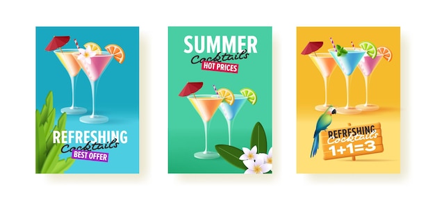 Set of flyers for bar promo offere with 3d cocktails with exotic background and attributes